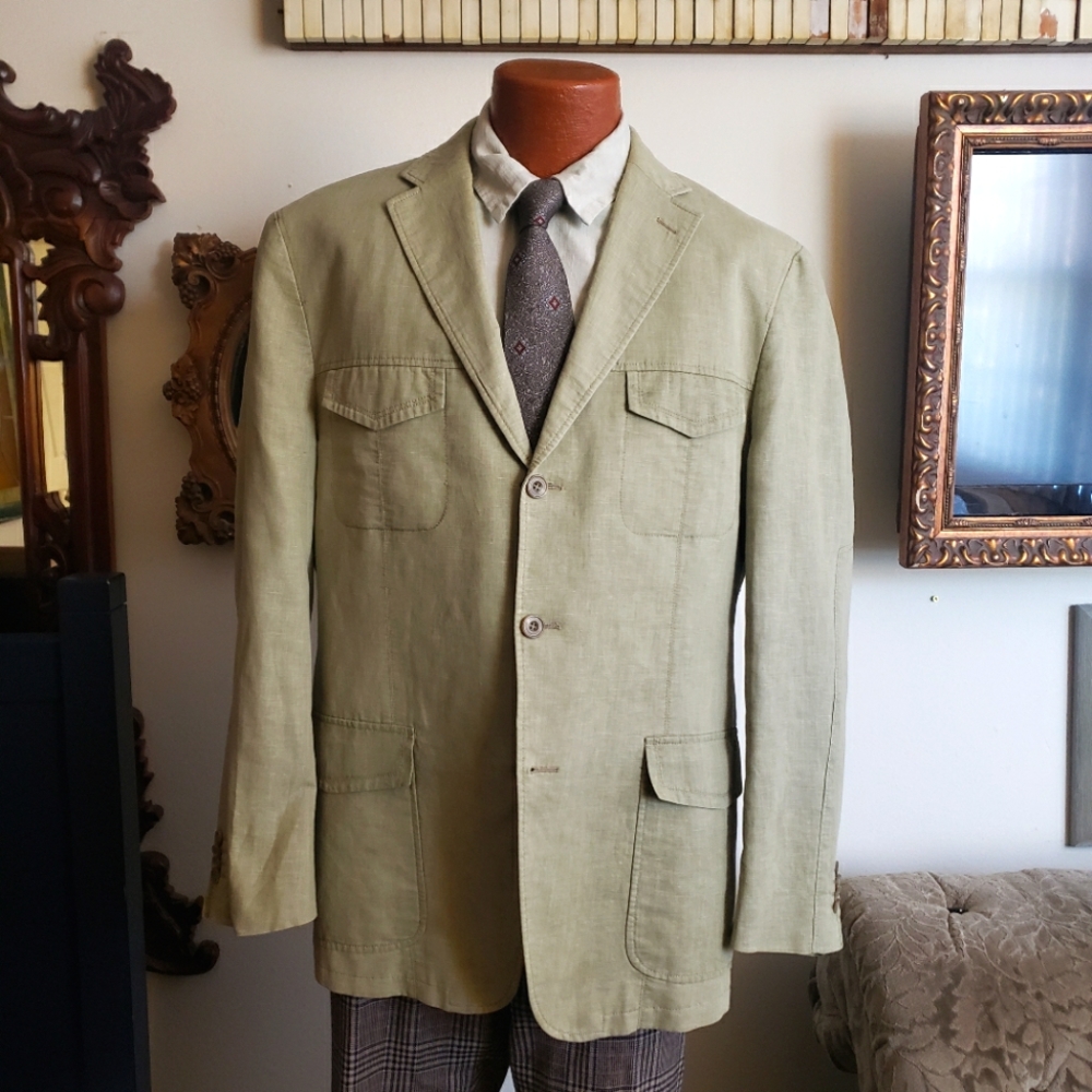 Khaki linen safari jacket 42R back strap